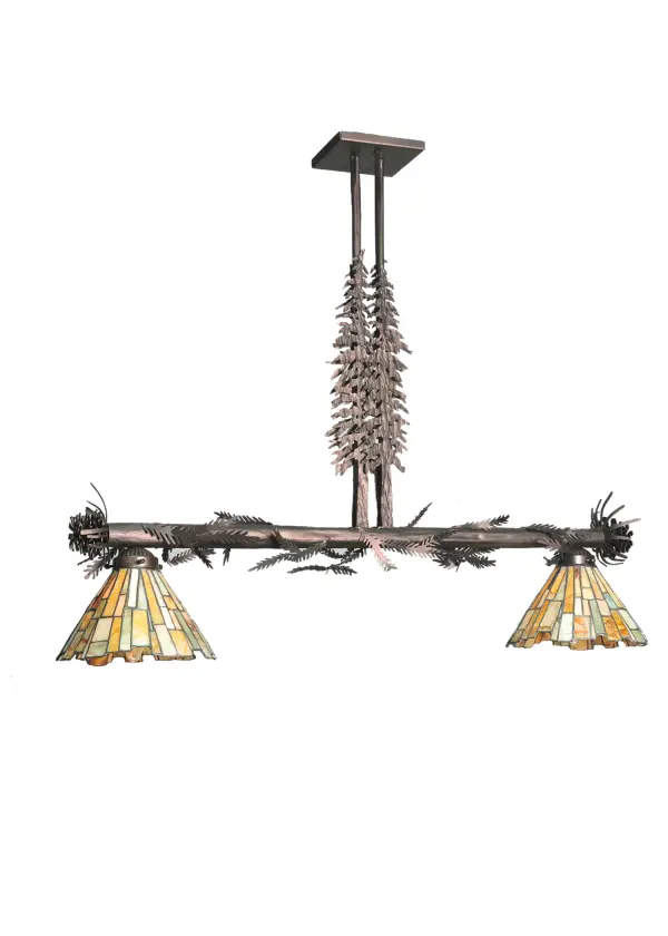 Jadestone beauty combined with rustic charm. Thinly hand carved and polished natural Jadestone in earthy tones of Moss Green; Tan; Natural Ivory and Coral become luminescent in these unique tile patterned shades which were crafted using the famous copperfoil construction process that creates Tiffany stained glass lamps and fixtures. The Mahogany Bronze finished hardware was uniquely designed with tall Pine Trees on the columns and Pine Branches on the suspension bar. Ideal for placement over kitchen islands and counters; and dining tables.