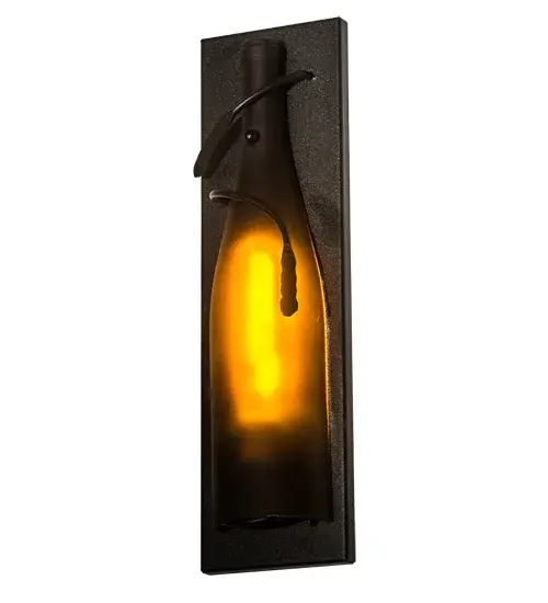 Capture the life of the party with the whimsical design of the Meyda Wine Bottle wall sconce. Liven up a restaurant; club; or home with a wall fixture that does so much more than deliver light; it adds personality and pizzazz. A Textured Black finished wall plate with a Vine-like metal accent embraces the Frosted Amber Glass Wine Bottle. Create a stunning design statement by installing this fixture in corridors and dining areas in homes; restaurants; hotels; pubs; nightclubs; and wineries; connoisseurs will appreciate this luminaire's fine detail and charm. This rich-looking Tuscan Vineyard Wine Bottle Wall Sconce is included in our American-made; American-designed; handcrafted Wine Bottle Lighting Collection. The fixture is manufactured in Yorkville; New York. UL and cUL listed for dry and damp locations. Take your finest bottle of wine; and Meyda will transform it into an everlasting personalized fixture of light. Contact us for more information on custom wine bottle lighting fixtures and lamps. We can also create custom lighting with beer bottles; mason jars; milk bottles; and other glass containers and vessels. - alternate view