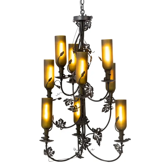 Invite the unique look and elegance of the Meyda Tuscan Vineyard Wine Bottle Chandelier into any restaurant; club or home. Nine Wine Bottles are suspended by graceful arms and complemented with delicate grape leaf accents. The hardware is hand finished in Black. Handcrafted in the USA by Meyda artisans in the USA. Custom options available.