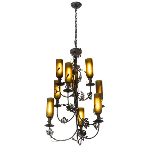 Invite the unique look and elegance of the Meyda Tuscan Vineyard Wine Bottle Chandelier into any restaurant; club or home. Nine Wine Bottles are suspended by graceful arms and complemented with delicate grape leaf accents. The hardware is hand finished in Black. Handcrafted in the USA by Meyda artisans in the USA. Custom options available. - alternate view