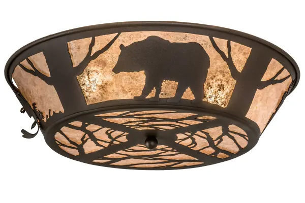 The call of the wild comes to light with exquisite designs of a Mallard Duck; Trout; Bull Moose and Black Bear in this stunning wildlife inspired fixture. Beautiful ambient light shines through a Silver Mica diffuser while the shade is enhanced with accents and hardware featured in a Cafe Noir finish. Custom crafted by Meyda expert artisans in its manufacturing facility at the foothills of New York?s glorious Adirondack Mountains; this fixture is available in custom sizes; finishes and designs and dimmable energy efficient lamping options such as LED. The flushmount is UL and cUL listed for damp and dry locations.