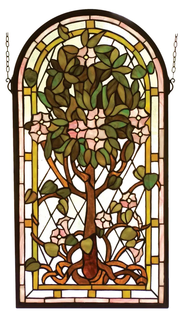 This stylized version of Louis Comfort Tiffany's famous Tree of Life is a Meyda Original design. A Bark Brown tree with Plum Pink flowers and Summer Green leaves adorn a Clear Blue arched window. The window is handcrafted utilizing the copperfoil construction process and 416 pieces of stained art glass encased in a solid brass frame. Mounting bracket and chain are included.