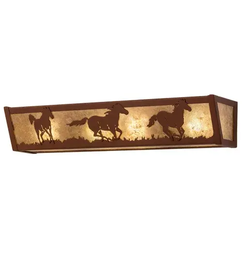 Running Horses are featured galloping along the prairie while the sun rises in the background in this dramatic lighting design. Beautiful ambient lighting is projected through a Silver Mica lens which is enhanced in a stunning Rust finish. Perfect as a vanity light in a bath or as a wall sconce in a corridor. Illuminates with compact fluorescent lamp bi-pin configuration but LED and standard lamping options are available with a quick phone call. Made to Order in our 180,000 square foot manufacturing facility in Yorkville, New York, located at the foothills of the Adirondack Mountains. Additional wildlife and custom designs are available, as well as customized diffuser colors, finishes and fixture sizes. The fixture is UL and cUL listed. Collection: Running Horses Finish: Rust Glass: Silver Mica Width: 24.00" Height: 4.50" Length: 5.50" Weight: 5.50 lb Extension from Wall: 5.50" Number of Bulbs: 4 Maximum Wattage: 12.00 W Bulb Type: A19 Bulb Base: GU24 Light Source: LED Material: Steel Country of Origin: USA Safety Listing: Damp Safety Rating: Damp LED - alternate view