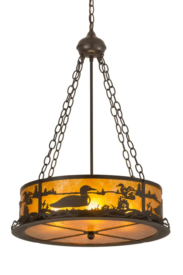 Stunning images of aquatic birds floating on a lake captured in this wildlife inspired Amber Mica fixture; which diffuses beautiful ambient light.The lens is complemented with a frame and hardware hand finished in Timeless Bronze.Handmade by Meyda Craftsmen in the Yorkville; NY manufacturing facility. Custom colors; styles and sizes available. Energy efficient lamping options.