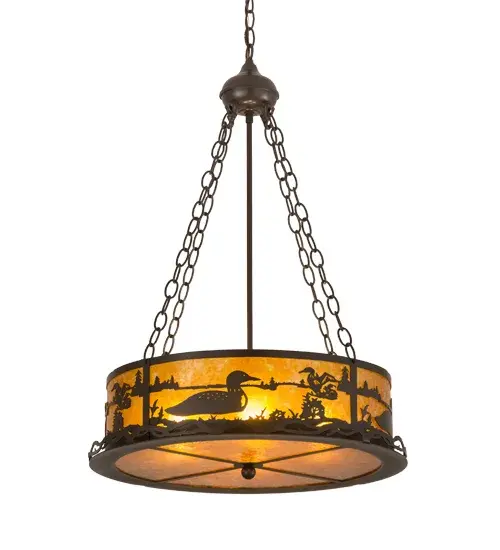 Stunning images of aquatic birds floating on a lake captured in this wildlife inspired Amber Mica fixture; which diffuses beautiful ambient light.The lens is complemented with a frame and hardware hand finished in Timeless Bronze.Handmade by Meyda Craftsmen in the Yorkville; NY manufacturing facility. Custom colors; styles and sizes available. Energy efficient lamping options. - alternate view
