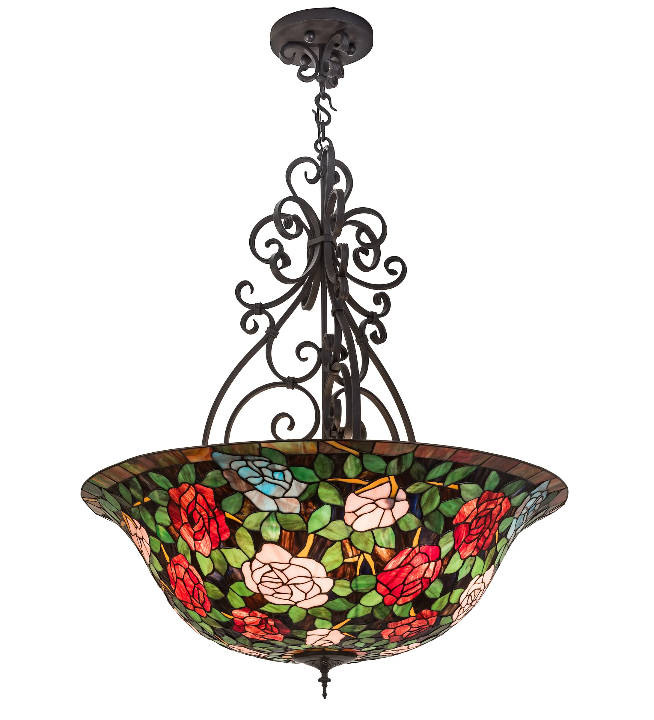 Tiffany Rosebush Six Light Inverted Pendant in Wrought Iron