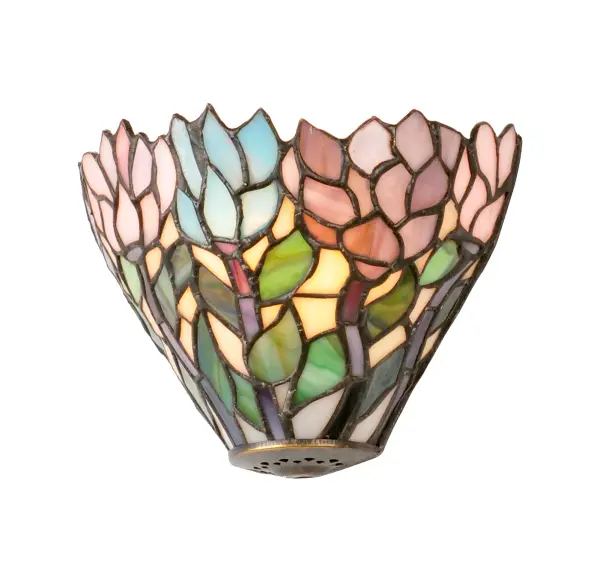 Stylized Wisteria flower clusters of Sky Blue, Petal Pink, and Amethyst with Jade Green leaves complement the Ivory background of this wall sconce. The classic styling of this Tiffany inspired art glass and soft pastel colors will add charm to any room. The stunning fixture is made of hand cut glass using the famous Meyda Tiffany copperfoil construction process. UL and cUL listed for dry and damp locations. Each shade is a unique work of art with color variations based on natural ingredients inherent in the glass. Contact us if color matching is critical when ordering multiple items. Collection: Wisteria Finish: Beige Pink Pr Purple/Blue Glass: Ba Ja Pr Na 59 Width: 7.25" Height: 5.50" Length: 3.50" Weight: 1.00 lb Extension from Wall: 3.50" Number of Bulbs: 1 Maximum Wattage: 60.00 W Bulb Type: B10 Bulb Base: E12 Material: Brass Country of Origin: CHINA Safety Listing: Dry Safety Rating: Damp