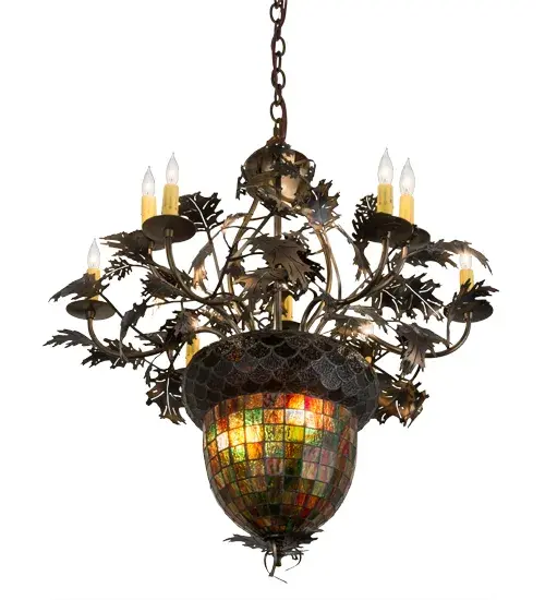 Majestic as the mighty oak is this leaf adorned 9 arm chandelier in an antique copper finish. A lighted stained glass acorn; in multi toned Autumn Green with a Bark Brown granite glass crown that sprouts candle topped; oak leaf covered branches. Each branched arm has with a beautifully simulated dripping wax candlestick in Ivory. The elegant hardware is hand made in the U S A by Meyda Tiffany Craftsmen. - alternate view