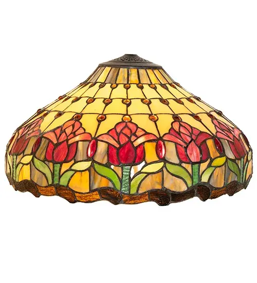 Pearlescent Beige glass panels with Plum Pink Colonial Tulips are set atop Spring Green leaves; and are accented with Amethyst jewels and waves of Mahogany Granite glass. The shade pairs well with a base to create a table or floor lamp; and with hardware to build a ceiling fixture. The Colonial Tulip Shade is included in our American-designed; handcrafted Stained Glass Lighting Collection. Each shade is a unique work of art with color variations based on natural ingredients inherent in the glass. - alternate view