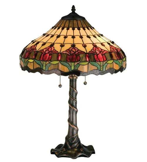 PEARLESCENT BEIGE GLASS PANELS WITH PLUM PINK COLONIAL TULIPS SETTING ATOP SPRING GREEN LEAVES ARE ACCENTED WITH AMETHYST JEWELS AND WAVES OF MAHOGANY GRANITE GLASS. THE MAHOGANY BRONZE FINISHED TABLE LAMP BASE REPEATS THE TULIP PATTERN WITH EMBOSSED WAVES AND SWIRLING LEAVES. Collection: Colonial Tulip Finish: Mahogany Bronze Glass: Ba Br Ja Amber Xag Width: 18.00" Height: 25.50" Length: 18.00" Weight: 10.50 lb Number of Bulbs: 2 Maximum Wattage: 60.00 W Bulb Type: A19 Bulb Base: E26 Material: Zinc Country of Origin: CHINA Safety Listing: Dry Safety Rating: Damp