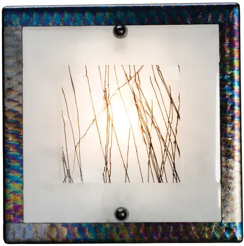 Bare branches against a winter sky Silkwood; Metro Fusion ADA compliant wall sconce. Frost White glass is drizzled in Midnight Black; framed in white and bordered with iridescent dichroic glass that is fused together in a hot kiln. This fun sconce shade is suspended by Nickel finished powder coated hardware. Designed and created by Meyda artists and craftsmen; for a unique; retreat from the ordinary.