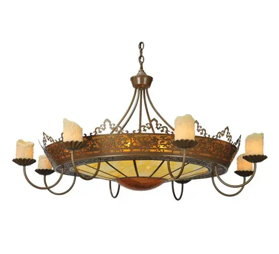 A dramatic theatrical lighting fixture, this stunning chandelier was designed to complement the Utica, New York-based Stanley Theatres Mexican Baroque Moorish theme. Handcrafted with steel hardware, the fixture features eight arms with faux wax dripping candlesticks. The shade is crafted of Amber Mica and Fleshtone Idalight with hardware hand finished in Antique Gold. The fixture includes a canopy, 2.5 feet of chain and four feet of wire. Energy efficient lamping options available. Custom crafted in Meyda's Yorkville, New York manufacturing facility. Custom options available. UL and cUL listed for damp and dry locations. Collection: Stanley Finish: Antique Hammered Gold Glass: Ivory Poly Resin Width: 47.00" Height: 28.00" Length: 47.00" Weight: 30.00 lb Number of Bulbs: 8 Maximum Wattage: 60.00 W Bulb Type: A19 Bulb Base: E26 Light Source: Halogen Material: Steel Country of Origin: USA Safety Listing: Dry Safety Rating: Damp