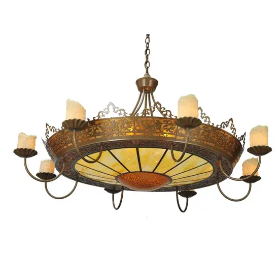 A dramatic theatrical lighting fixture, this stunning chandelier was designed to complement the Utica, New York-based Stanley Theatres Mexican Baroque Moorish theme. Handcrafted with steel hardware, the fixture features eight arms with faux wax dripping candlesticks. The shade is crafted of Amber Mica and Fleshtone Idalight with hardware hand finished in Antique Gold. The fixture includes a canopy, 2.5 feet of chain and four feet of wire. Energy efficient lamping options available. Custom crafted in Meyda's Yorkville, New York manufacturing facility. Custom options available. UL and cUL listed for damp and dry locations. Collection: Stanley Finish: Antique Hammered Gold Glass: Ivory Poly Resin Width: 47.00" Height: 28.00" Length: 47.00" Weight: 30.00 lb Number of Bulbs: 8 Maximum Wattage: 60.00 W Bulb Type: A19 Bulb Base: E26 Light Source: Halogen Material: Steel Country of Origin: USA Safety Listing: Dry Safety Rating: Damp - alternate view