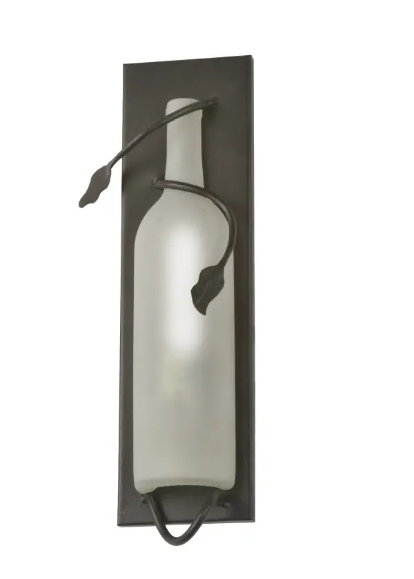 Capture the life of the party with the whimsical design of the Meyda Wine Bottle wall sconce. Liven up a restaurant, club, or home with a wall fixture that does so much more than deliver light, it adds personality and pizzazz. A Clear Glass Wine Bottle is embraced by a Textured Black finished wall plate with a Vine-like metal accent. Create a stunning design statement by installing this ADA-compliant wall fixture in corridors and dining areas in homes, restaurants, hotels, pubs, nightclubs, and wineries, connoisseurs will appreciate this luminaire's fine detail and charm. This rich-looking Tuscan Vineyard Wine Bottle Wall Sconce is included in our American-made, American-designed, handcrafted Wine Bottle Lighting Collection. The fixture is manufactured in Yorkville, New York. UL and cUL listed for dry and damp locations. Take your finest bottle of wine, and Meyda will transform it into an everlasting personalized fixture of light. Contact us for more information on custom wine bottle lighting fixtures and lamps. We can also create custom lighting with beer bottles, mason jars, milk bottles, and other glass containers and vessels. Collection: Tuscan Vineyard Finish: Textured Black Glass: Clear Sandblasted Notes: Custom Crafted In Yorkville, New York Please Allow 50 Days Width: 5.75" Height: 14.00" Length: 2.50" Weight: 2.00 lb Extension from Wall: 2.50" Number of Bulbs: 1 Maximum Wattage: 40.00 W Bulb Type: T6.5 Bulb Base: E17 Material: Steel Country of Origin: USA Safety Listing: Dry Safety Rating: Damp