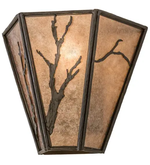 Invite the charm of the outdoors into your interiors with natural looking pine tree Branches which are highlighted on a Silver Mica twilight sky in the background on this decorative wall fixture. The branch accents and hardware are featured in a handsome Timeless Bronze finish. This pocket sconce is the perfect accent to illuminate a hallway or any room in a home or business. The fixture is custom crafted by Meyda artisans in Upstate New York; at the foothills of the glorious Adirondack Mountains. Custom styles; colors and sizes are available; as well as dimmable energy efficient lamping options. - alternate view