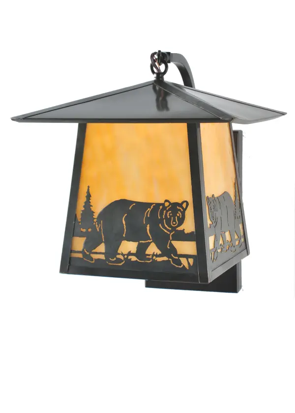 Drawing inspiration from wildlife and the beauty of nature; this stunning wall fixture depicts a Bear meandering near a woodland lake as the morning sun rises in the background. Beautiful ambient light is evoked through a stunning Beige Art Glass lens complemented with a frame and hardware featured in a Craftsman Brown finish. The Stillwater Bear Creek Curved Arm Wall Sconce is included in our American-made; American-designed handcrafted Craftsman Signature Series; which is manufactured in Yorkville; New York. The fixture is UL and cUL listed for dry; damp and wet locations. Our Build Your Own Craftsman Signature Series features unlimited combinations of styles. The collection is called Build Your Own because it is fully configurable and customizable from size and design to finish and lens color. Marine grade; solid brass; or copper raw materials are utilized to ensure items from the Craftsman Signature Series of outdoor and indoor lighting will stand the test of time; as these premium metals are impervious to most types of oxidation. Hand-applied Patina finishes on brass and copper are sealed with a clear varnish and; over time; may require gentle maintenance; such as wax; to delay or reverse the natural living finish attributes indicative of this finishing process. Patina finishes on brass and copper provide strong resistance to fading from sun exposure; will not chip or crack; and will not rust like a steel-framed item in the same conditions. Choose from many style options; or send us your concept today! Call today to learn how to use the configuration tool available on our website for an instant item number!