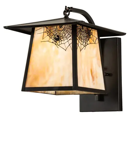 Spider Webs are delicately etched of Solid Brass for indoor and outdoor applications. The intricate Spider weaves its magical web on the edge of this handsome Craftsman Signature lantern style curved arm wall sconce. The lantern features Beige Art Glass shade which is enhanced with a Craftsman Brown finish. This stunning wall sconce is Domestically Produced at our 180;000 square foot manufacturing facility in Yorkville; NY. Our Build Your Own lighting series offers fully configurable combinations of lantern styles; functions; fixture sizes and profiles. UL and cUL listed for dry; damp and wet locations. - alternate view