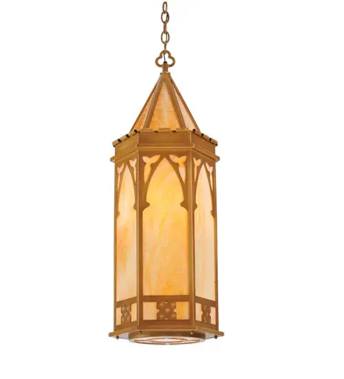 A dramatic inspirational design. This Church pendant evokes a heavenly glow from Beige Art Glass revealed in a hexagonal frame with a matching crowning accent and bottom diffuser. The fixture features decorative accents; finial; frame and hardware in a brilliant Sahara Gold finish. The overall height of this pendant ranges from 40.5 to 69 inches and the chain length can be easily adjusted in the field to accommodate your specific lighting application needs. Custom crafted by highly skilled artisans in our 180;000 square foot manufacturing facility in Yorkville; New York. Special sizes; finishes and diffuser colors available. UL and cUL listed for dry and damp locations.