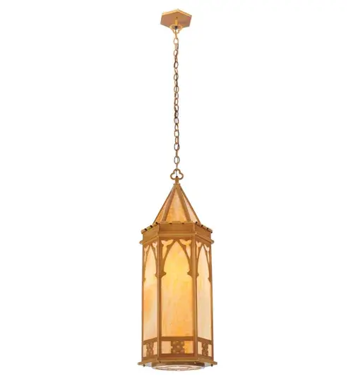 A dramatic inspirational design. This Church pendant evokes a heavenly glow from Beige Art Glass revealed in a hexagonal frame with a matching crowning accent and bottom diffuser. The fixture features decorative accents; finial; frame and hardware in a brilliant Sahara Gold finish. The overall height of this pendant ranges from 40.5 to 69 inches and the chain length can be easily adjusted in the field to accommodate your specific lighting application needs. Custom crafted by highly skilled artisans in our 180;000 square foot manufacturing facility in Yorkville; New York. Special sizes; finishes and diffuser colors available. UL and cUL listed for dry and damp locations. - alternate view