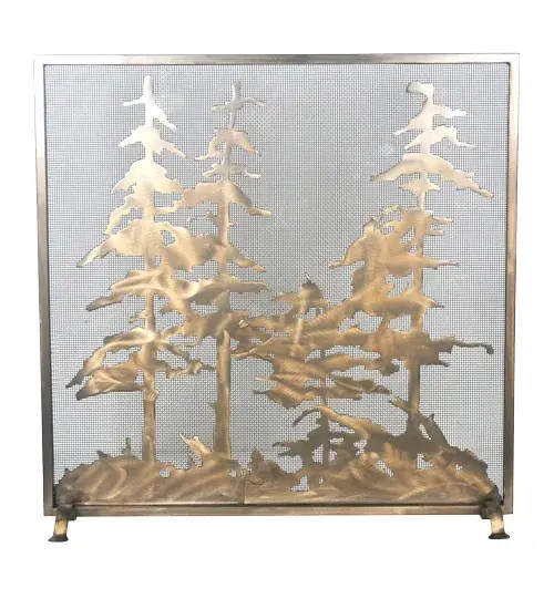 A love of the outdoors was the inspiration for this handsome Meyda original firescreen; hand crafted in the USA. This Tall Pine Tree firescreen has an Antique Copper finish and is backed with a mesh screen.