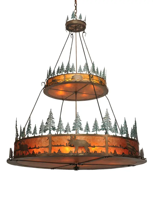Rustic charm and dramatic wildlife have never been portrayed in lighting like this before. Warm Amber mica shades are trimmed with impressive profiles of bears, elk, moose, and wolves meandering around a lake while rings of pine tree silhouettes outline each of three tiers. Handcrafted by Meyda artisans in the Yorkville, New York manufacturing facilities. Collection: Wildlife At Pine Lake Finish: Antique Copper/Green Trees Glass: Amber Mica Width: 72.00" Height: 84.50" Length: 72.00" Weight: 128.00 lb Number of Bulbs: 12 Maximum Wattage: 60.00 W Bulb Type: A19 Bulb Base: E26 Material: Steel Country of Origin: USA Safety Listing: Dry Safety Rating: Dry