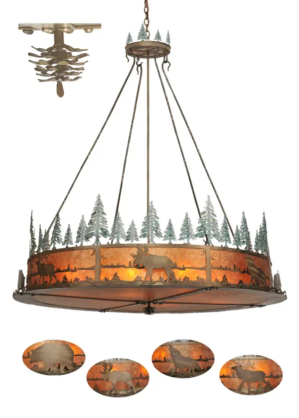 Rustic charm and dramatic wildlife have never been portrayed in lighting like this before. Warm Amber mica shades are trimmed with impressive profiles of bears; elk; moose; and wolves meandering around a lake while rings of pine tree silhouettes outline each of three tiers. Handcrafted by Meyda artisans in the Yorkville; New York manufacturing facilities.