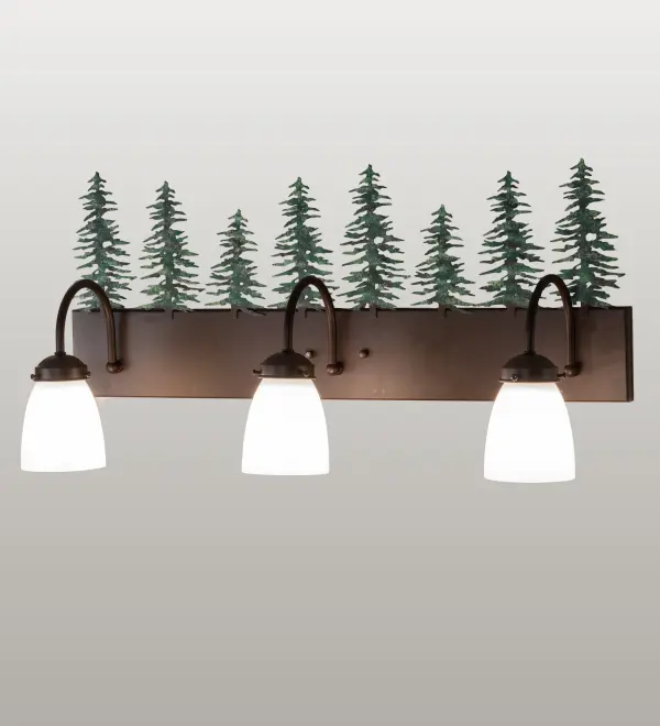 The material is Steel and Glass. The finish is Cafe Noir and Green Trees. The shades are White Opal Glass. Collection: Tall Pines Finish: Cafe Noir/Green Trees Glass: White Opal Glass Notes: Custom Crafted In Yorkville, New York Please Allow 30 Days Width: 28.00" Height: 13.50" Length: 8.00" Weight: 6.00 lb Extension from Wall: 8.00" Number of Bulbs: 3 Maximum Wattage: 60.00 W Bulb Type: A15 Bulb Base: E26 Material: Steel Country of Origin: USA Safety Listing: Dry Safety Rating: Damp