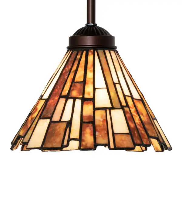 Thinly hand-carved and polished natural Jadestone in earthy tones of Moss Green, Tan, Natural Ivory, and Coral become luminescent in this unique tile-patterned mini pendant shade, which was crafted using the famous copperfoil construction process that creates Tiffany stained glass lamps and fixtures. The hardware is finished in a handsome Mahogany Bronze. The overall height can be adjusted by combining the four stem lengths that are included: 6-inch, 12-inch, 16-inch, and 24-inch, in any combination to achieve the desired drop from the ceiling. The Delta Jadestone Mini Pendant is included in our American-designed, handcrafted Jadestone Lighting Collection. It is UL and cUL listed for dry and damp locations. Each shade is a unique work of art with color variations based on natural ingredients inherent in the stone. Collection: Delta Finish: Mahogany Bronze Glass: Beige & Honey Amber Jadestone Width: 8.00" Height: 16.00" Length: 8.00" Weight: 4.50 lb Number of Bulbs: 1 Maximum Wattage: 60.00 W Bulb Type: A19 Bulb Base: E26 Material: Steel Country of Origin: CHINA Safety Listing: Damp Safety Rating: Damp