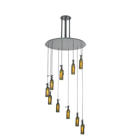Capture the life of the party with the whimsical design of this Personalized Wine Bottle Chandelier. It's so much fun that you may want to hang from it; but don't! Liven up a restaurant; club; or home with a chandelier that does so much more than deliver light; it adds personality and pizzazz. Ten Amber Glass wine bottles are etched with The Barrel Room Winery name and custom configured at various heights from a Pewter finished frame. The fixture is perfect for entryways and other spaces in homes; restaurants; hotels; pubs; nightclubs; wineries; and retailers. Connoisseurs will appreciate this chandelier for its fine detail and charm. The overall height ranges from 39 to 123 inches; as the cords can be easily adjusted in the field to meet your exact lighting requirements. This rich-looking Tuscan Vineyard Etched 10 Bottle Cascading Pendant is included in our American-made; American-designed; handcrafted Wine Bottle Lighting Collection. The fixture is manufactured in Yorkville; New York; and is UL and cUL listed for dry and damp locations. Please send us your favorite branded wine bottle; and Meyda will transform it into an everlasting personalized fixture of light. Contact us for more information on custom wine bottle lighting fixtures and lamps. You can also create custom lighting with beer bottles; mason jars; milk bottles; and other glass containers and vessels by contacting us! - alternate view
