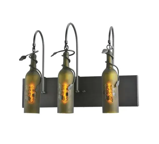 Invite the unique look and elegance of Wine Bottle lighting into any restaurant; club or home. This fixtures features wine bottles that were personalized with the name of the customer on the bottles. Three Wine Bottles delicately etched on Frosted Green glass are embraced by graceful arms and complemented with delicate metal grape leaf and vine accents in Black. The hardware is also hand finished in Black. Use this fixture as a vanity light to illuminate a bath or light up a hallway or other room as a wall sconce. Handcrafted in the USA by our artisans; the fixture is offered in custom styles; colors and sizes. Energy efficient lamping options are offered. UL and cUL listed for dry and damp locations. - alternate view