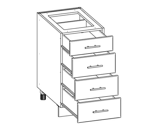 Notes: • 12"- 36" Wide available in 3" increments • 24" & 27" Deep • Top drawer 6" • Bottom three drawers 8" Item Code: 12"-21": BBAC 24"-36": BBBC
