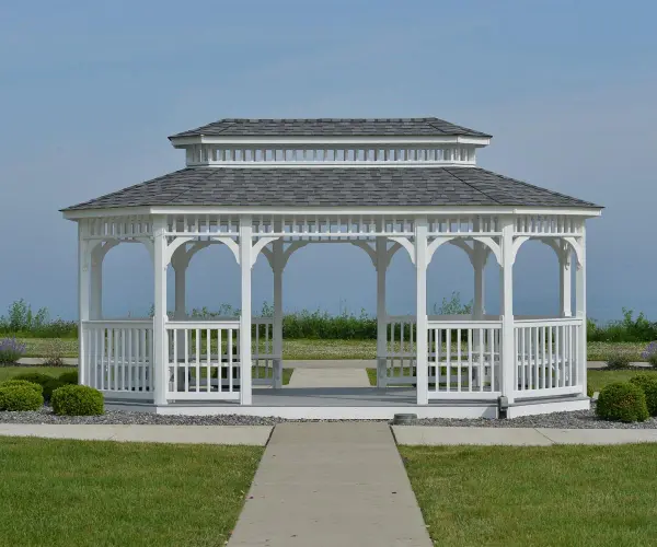 Experience the perfect fusion of style and function with Berlin Gardens' Vinyl Oblong Gazebo. Meticulously crafted for enduring beauty and spacious comfort, this gazebo creates a captivating outdoor sanctuary, providing an ideal setting for gatherings and moments of tranquility in your backyard oasis. Standard Model Includes: • White vinyl exterior • Classic roof • American style rail • Metal or asphalt shingles