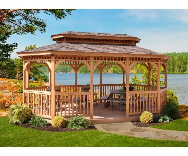Experience the perfect fusion of style and function with Berlin Gardens' Wood Oblong Gazebo. Meticulously crafted for enduring beauty and spacious comfort, this gazebo creates a captivating outdoor sanctuary, providing an ideal setting for gatherings and moments of tranquility in your backyard oasis. Standard Model Includes: • Classic roof • American style rail • Metal or asphalt shingles - alternate view