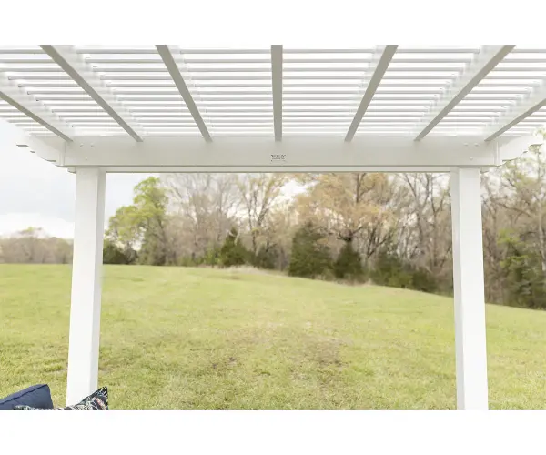Dimensions: • 9' x 9' outside to outside of posts Features: • Provides shade but still open air • Low maintenance • Deluxe shade slats for more shade • Easy to assemble Options: • Classic or scrolled end caps Available Colors: • White • Clay Vinyl - alternate view