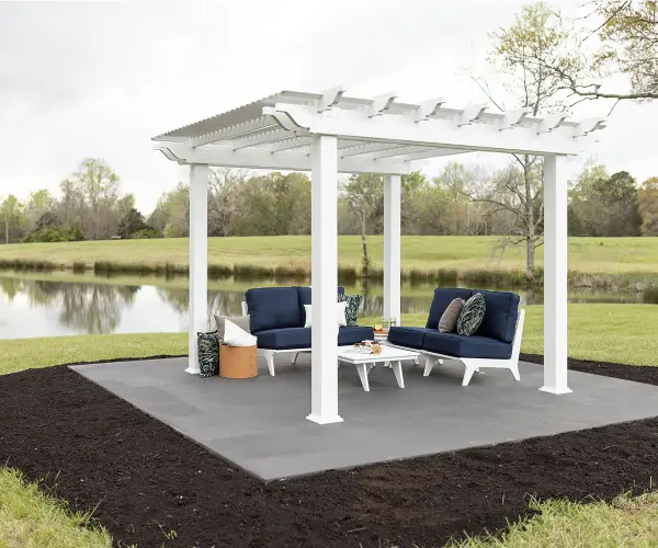 Dimensions: • 9' x 9' outside to outside of posts Features: • Provides shade but still open air • Low maintenance • Deluxe shade slats for more shade • Easy to assemble Options: • Classic or scrolled end caps Available Colors: • White • Clay Vinyl