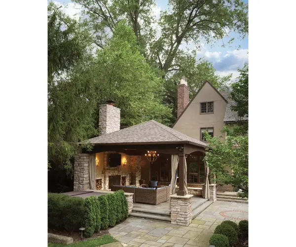 Introducing the Cascade Pavilion – an architectural masterpiece that cascades elegance and functionality into your outdoor oasis. With its captivating design and meticulous craftsmanship, this pavilion creates a stunning focal point, providing a picturesque haven for gatherings and relaxation amidst the beauty of nature. Standard Model Includes: • 8" X 8" posts • Straight beams • Straight or arched braces • Notched post and beam joint • Hip roof design • 11" overhang - alternate view