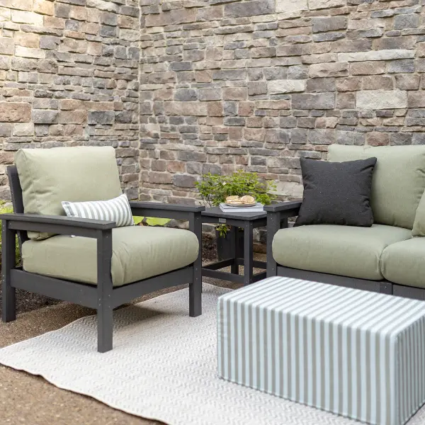 Dimensions: 29¾"W x 33"D x 32½"H Arm Height: 23⅜"H Features: • Poly furniture is made of high-density polyethylene (HDPE) that will never need to be painted or stained • It will not rot or splinter • Poly furniture also contains added UV protection to resist fading • Fade resistant colors on the cushions Item Code: CCC2832 - alternate view