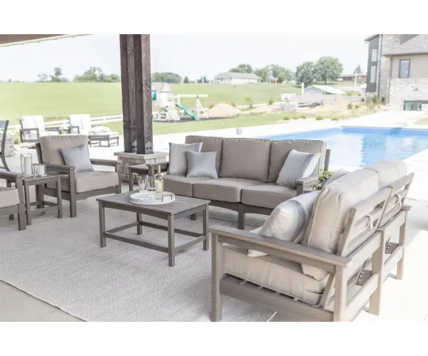 Dimensions: 80¾"W x 33"D x 32½"H Arm Height: 23⅜"H Features: • Poly furniture is made of high-density polyethylene (HDPE) that will never need to be painted or stained • It will not rot or splinter • Poly furniture also contains added UV protection to resist fading • Fade resistant colors on the cushions Item Code: CS7832 - alternate view