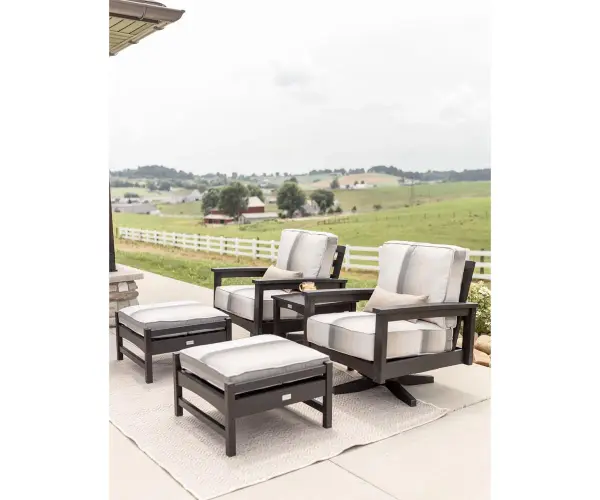 Dimensions: 29¾"W x 33"D x 32½"H Arm Height: 23⅜"H Features: • Poly furniture is made of high-density polyethylene (HDPE) that will never need to be painted or stained • It will not rot or splinter • Poly furniture also contains added UV protection to resist fading • Fade resistant colors on the cushions Item Code: CSR2832 - alternate view