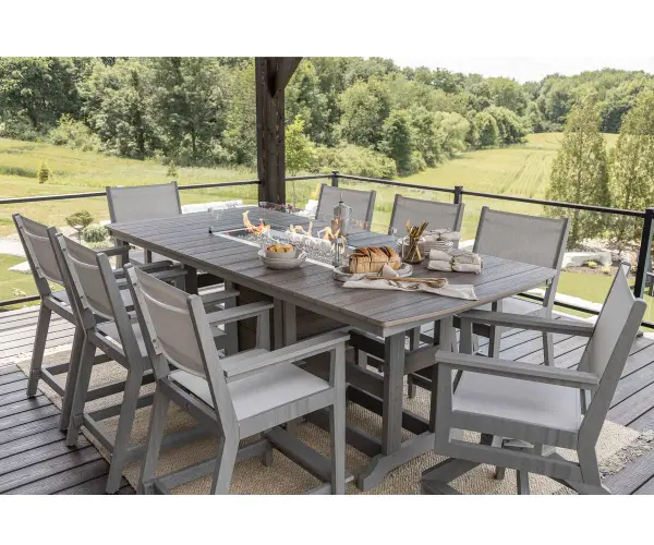 Outdoor dining at its best. Available in Dining, Counter, and Bar Height Dimensions: Dining - 44"W x 96"L x 30⅜"H Counter - 44"W x 96"L x 35⅝" H Bar - 44"W x 96"L x 38⅞"H - alternate view