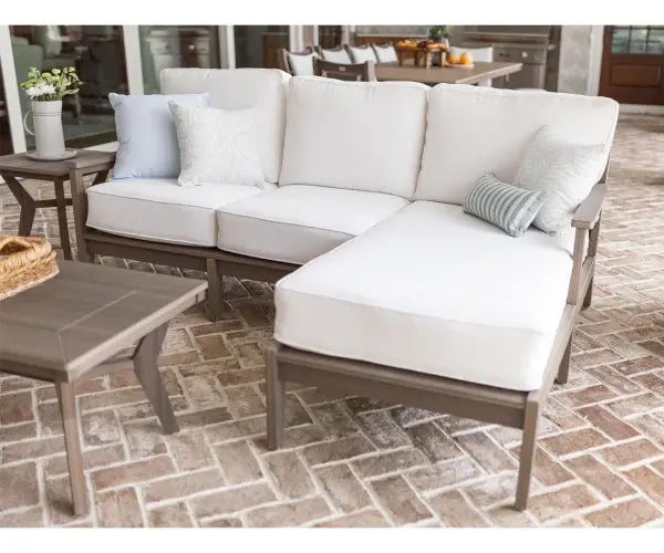 Dimensions: 31"W x 63¼"D x 34¼"H Arm Height: 23½"H Features: • Poly furniture is made of high-density polyethylene (HDPE) that will never need to be painted or stained • It will not rot or splinter • Poly furniture also contains added UV protection to resist fading • Fade resistant colors on the cushions Item Code: MHCL3163 - alternate view