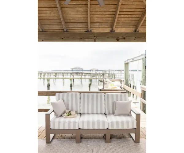Dimensions: 73¾"W x 32"D x 32¾"H Arm Height: 23⅞"H Features: • Marine Grade Poly (MGP) furniture is crafted from molded polyethylene, making it resistant to the elements, including UV rays, moisture, and extreme temperatures • It is designed to withstand elements such as sun, rain, and snow • It doesn’t splinter, crack, or fade over time. • MGP furniture requires minimal maintenance. It is easy to clean and doesn’t require staining, sealing, or painting • MGP’s allows for a thinner profile which allows for sleeker furniture designs • Fade resistant colors on the cushions Item Code: NHS7433 - alternate view