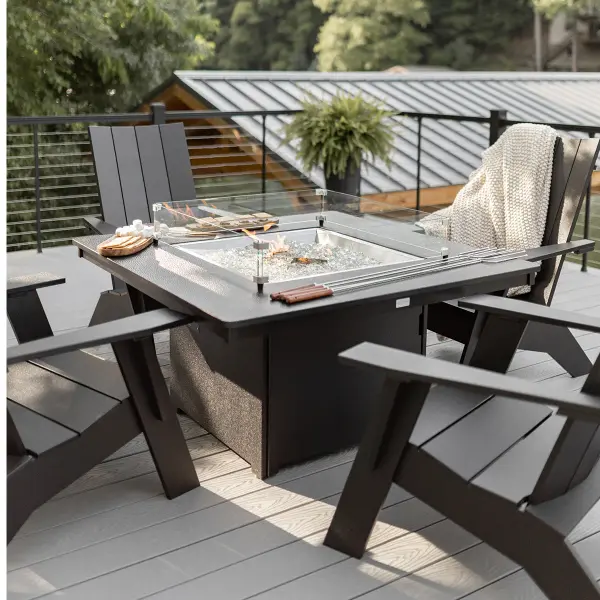 Dimensions: 47"Square x 24¾"H Features: • Marine Grade Poly (MGP) furniture is crafted from molded polyethylene, making it resistant to the elements, including UV rays, moisture, and extreme temperatures • It is designed to withstand elements such as sun, rain, and snow • It doesn’t splinter, crack, or fade over time. • MGP furniture requires minimal maintenance. It is easy to clean and doesn’t require staining, sealing, or painting • MGP’s allows for a thinner profile which allows for sleeker furniture designs Options: • Hammered finish top in place of the poly • Also available in dining, counter, and bar height Item Code: NSFP2547 - alternate view