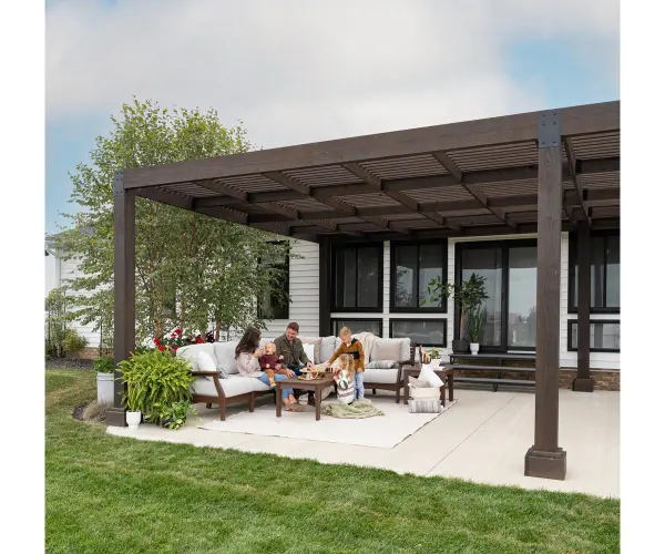 Unveil the allure of outdoor luxury with the Vineyard, an embodiment of timeless charm and architectural excellence. Crafted with precision and designed for enduring beauty, this pergola transforms your space into a picturesque vineyard-inspired haven, perfect for creating cherished moments under the open sky. Standard Model Includes: • 8" X 8" laminated, pressure treated wood posts • Pressure treated wood beams notched onto the posts for added stability • Modern checkered top design - alternate view