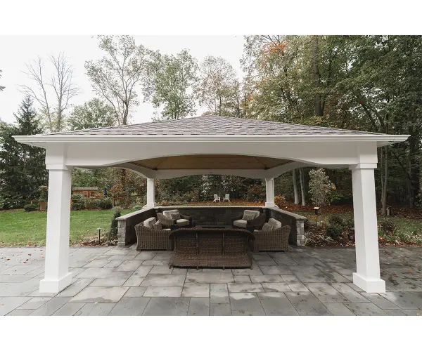The Victoria Pavilion combines refined traditional design with durable outdoor construction. Features pressure-treated wood wrapped in paintable cellular PVC, exposed pine sheathing, and a classic 6/12 pitch roof for lasting elegance. - alternate view