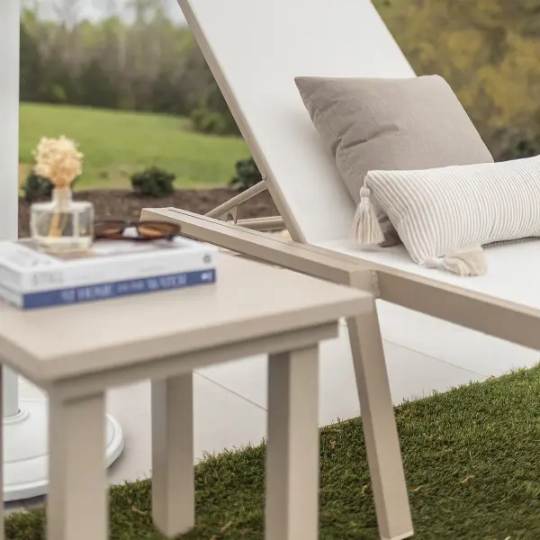Dimensions: 18"W x 18"L x 19"H Features: • Aluminum metal for lightweight, easy to move furniture • Aluminum is low maintenance and can easily be cleaned with soapy water Item Code: VAET1819 - alternate view