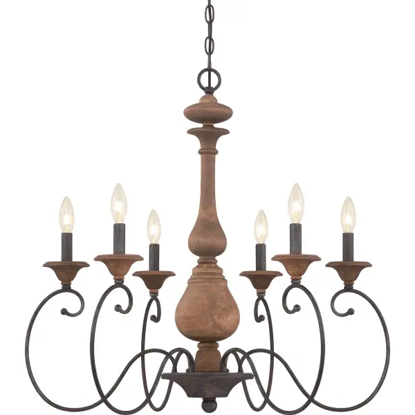 Natural aesthetics and a feminine style bring the European inspired design of the Auburn Collection to great heights.  The finish is a textured and rich Rustic Black with an aged appeal that is featured on the scrolling arms and candle sleeves.  The beautiful walnut stain highlights the unique wood patterns that make this chandelier everlasting.
