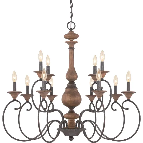 Natural aesthetics and a feminine style bring the European inspired design of the Auburn Collection to great heights.  The finish is a textured and rich Rustic Black with an aged appeal that is featured on the scrolling arms and candle sleeves.  The beautiful walnut stain highlights the unique wood patterns that make this chandelier everlasting.