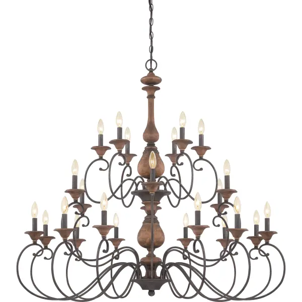 Natural aesthetics and a feminine style bring the European inspired design of the Auburn Collection to great heights.  The finish is a textured and rich Rustic Black with an aged appeal that is featured on the scrolling arms and candle sleeves.  The beautiful walnut stain highlights the unique wood patterns that make this chandelier everlasting.
