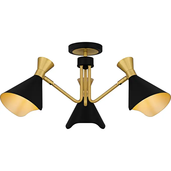 The Arden collection is a striking blend of modern design and functional versatility. The combination of matte black and gold finishes creates a visually appealing contrast, perfectly highlighting the geometric shape. The metal shades rotate in and out, but they can also be turned to face up and down to provide both ambient and task lighting options. Arden is available as a semi-flush mount, wall sconce, or chandelier.